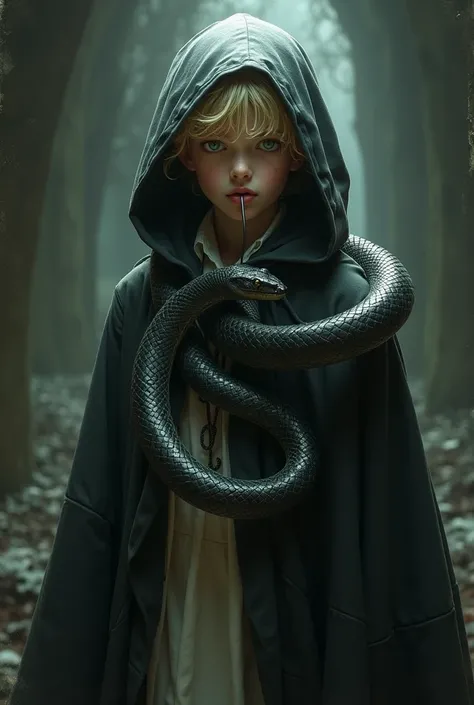 An adult boy with a black and white robe and with a hoodie of the same color and blond hair with green eyes and with a snake around his neck and with his tongue sticking out