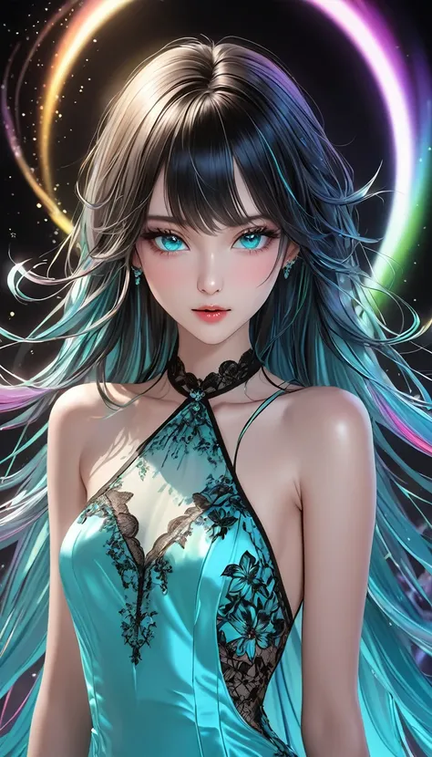 beauty virtual idol, rainbow shiny silky disheveled straight hair, make up, amorous and lewd expression, captivating eyes, thin flat slender body line, wearing Tiffany blue lace embroidered satin halter neck dress, background surrounded by countless jet-bl...