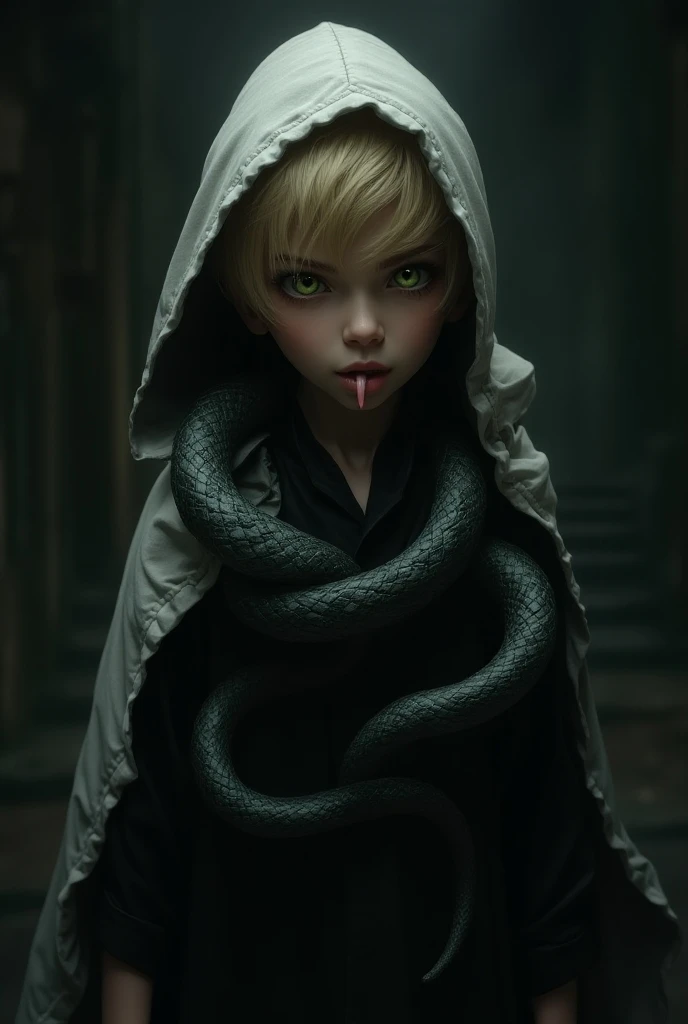 An adult boy with a black and white robe and with a hoodie of the same color and blond hair with green eyes and with a snake around his neck and with his tongue sticking out