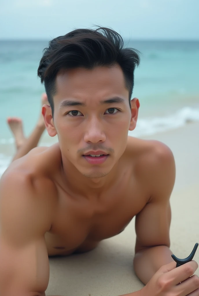 Man sleeping on the beach looking at the camera, naked, Good looking, Seeing the cheeks of the buttocks, Beautiful muscular asian face filmed obliquely holding her own penis