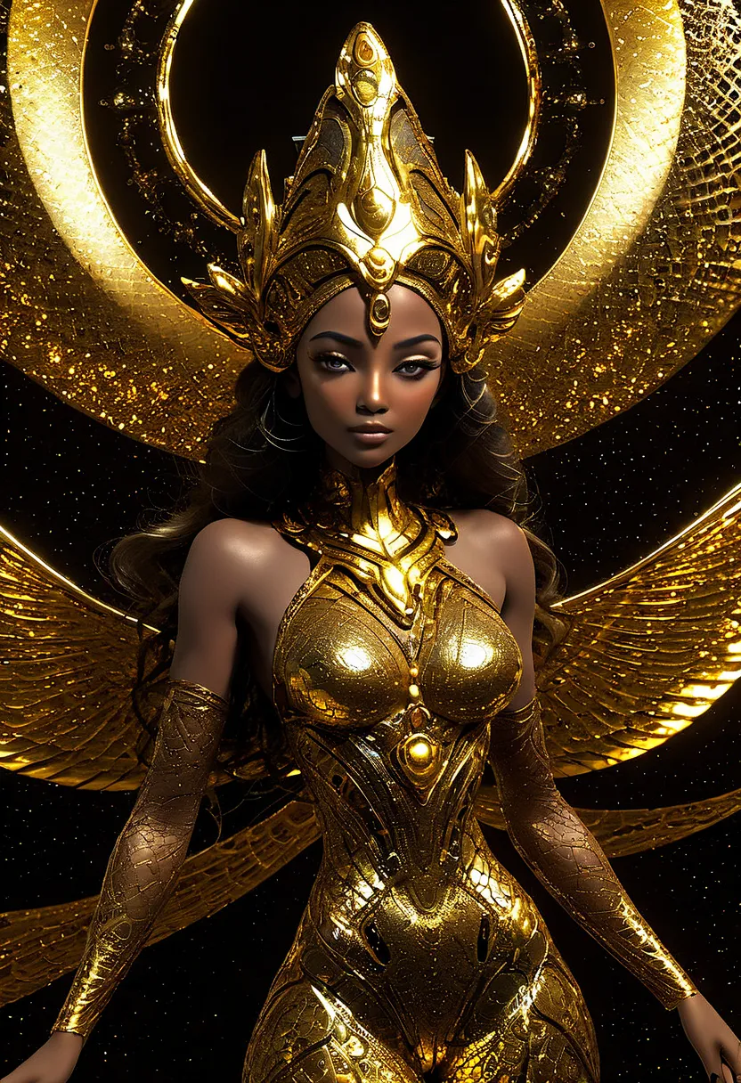 generate a golden celestial woman with ((extremely perfect)) eyes and (((pure golden galaxy skin))). her ((onyx golden) but (sof...