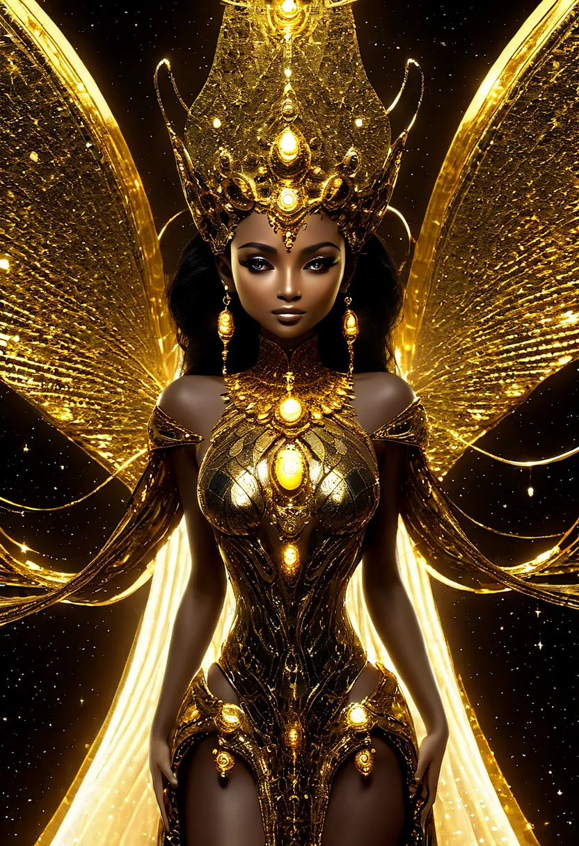 Generate a golden celestial woman with ((extremely perfect)) eyes and (((pure golden galaxy skin))). Her ((onyx golden) but (soft) face should be highly detailed and realistically shaded with puffy lips. (((Her face is important.))) Her wings are delicate ...