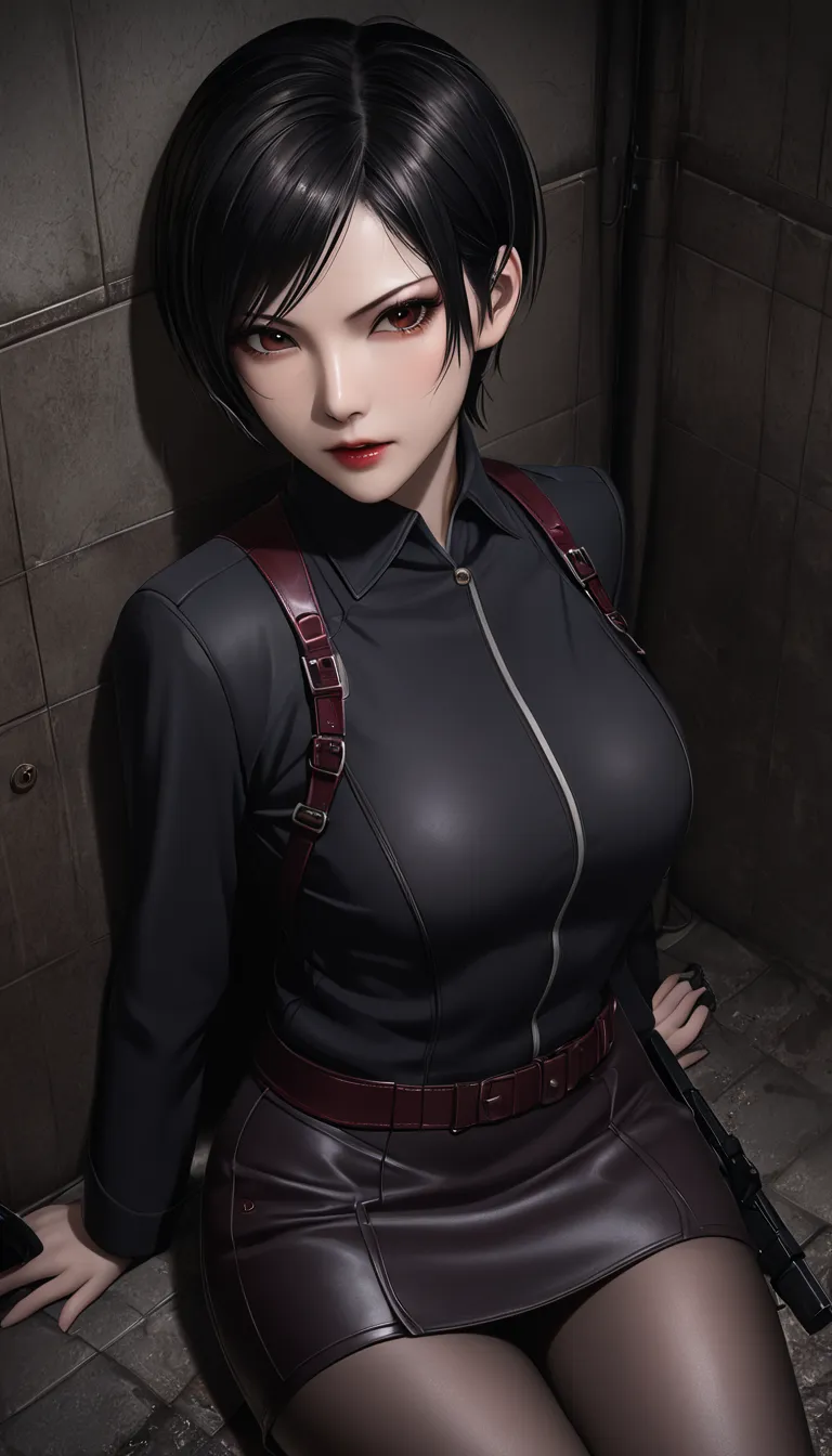 ((  Masterpiece  )), (familiar), precise, eyelash , (Resident Evil), (Ada wong), bare, ร่างbare, background, Sewer  , Short hair, Black hair, Brown eyes, Black pupil,  Medium Breasts ,  Black Tight Mini Skirt, Black long-sleeved jacket, Black bra, Sleep wi...