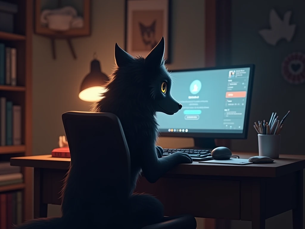 Little black wolf sitting in the chair in front of the PC and with his back to the camera
