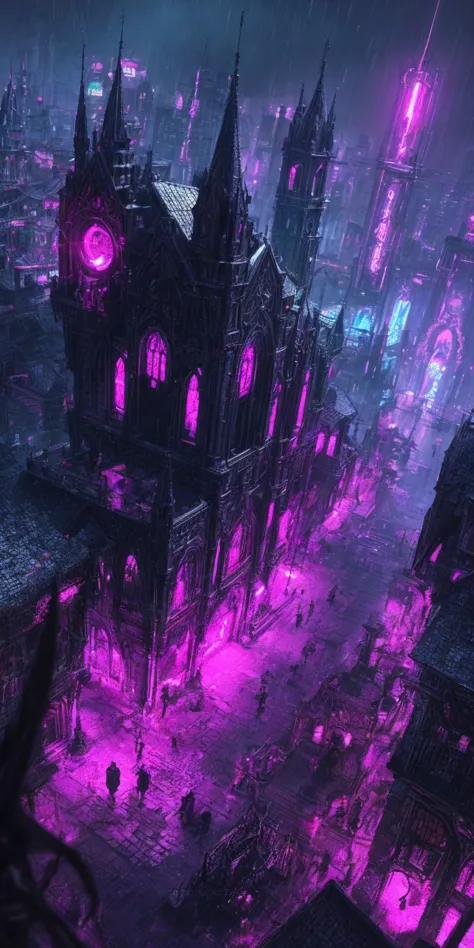 (best quality, photorealistic, ultra-detailed:1.2), a dnd style fantasy street with medieval style architecture of taverns and weaponsmiths and armory and potions shops and magical shops, but the aesthetics is cyberpunk with neon lit signs and vibrant facade of the future, elaborate details, photorealistic