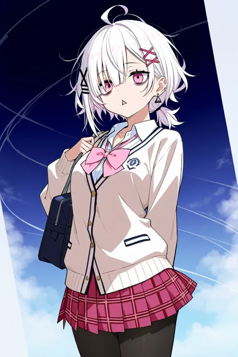 High image quality
 Female College 1,  Pink Eyes、White Hair、 shortcut,   low ponytail 、   earrings for one woman,  Ahoge,   asymmetrical bangs ,  x-shaped hair ornament,   dark circles under eyes、 Black Pantyhose 、vigil、Background white、front、Messy Hair、tr...