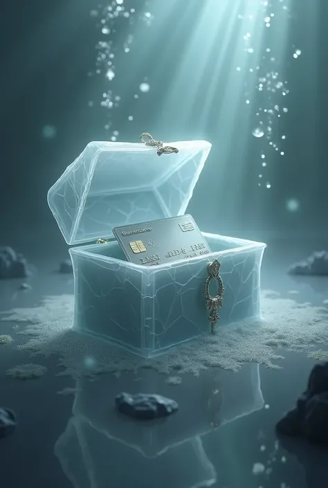 [Bank Card in Chest] rendered in an Ethereal Aquatic Mirage, where underwater scenes blend with ethereal, dreamlike elements. At the bottom are Treasures and jewelry in chests. Use [white] and [black] to create a fluid, otherworldly effect.