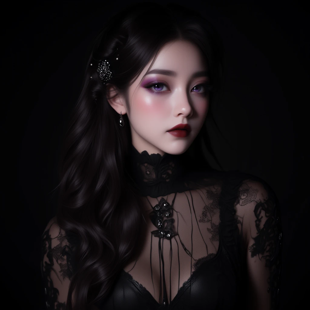 Photorealistic with a gothic elegance. East-Asian woman with deep purple eyes, possessing a mysterious and captivating gaze. Her long, black, wavy hair is adorned with intricate beading braided into sections, adding a subtle, luxurious touch. She wears dar...