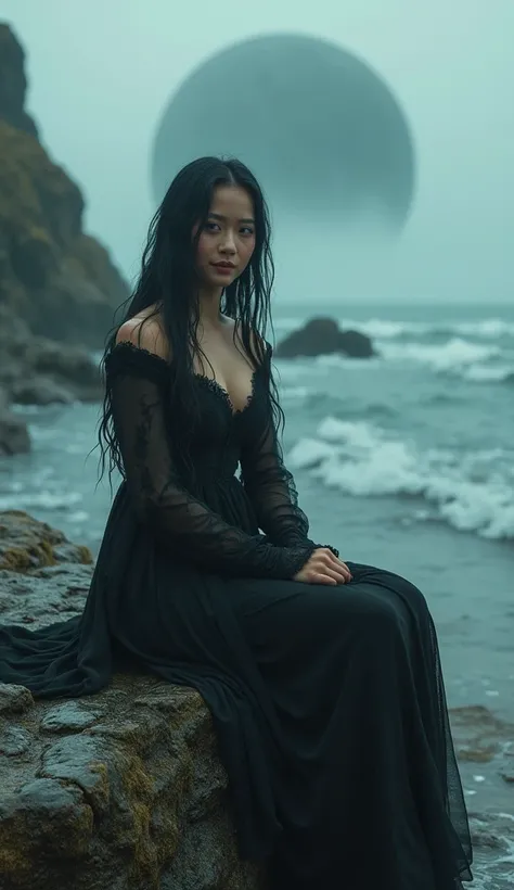 
 Beautiful Gothic Girl ,  Facial beauty,  beautiful smile ( Skinny and Bbw ),  Wet Medieval Lace Dress ,  Body Worn ,  wet hair , barefoot,  Sitting on a Rock of Mesopotamian Origin, Seaweed.  Exotic Planet Surrounding , Mysterious, Night Mist ,  Coastal ...