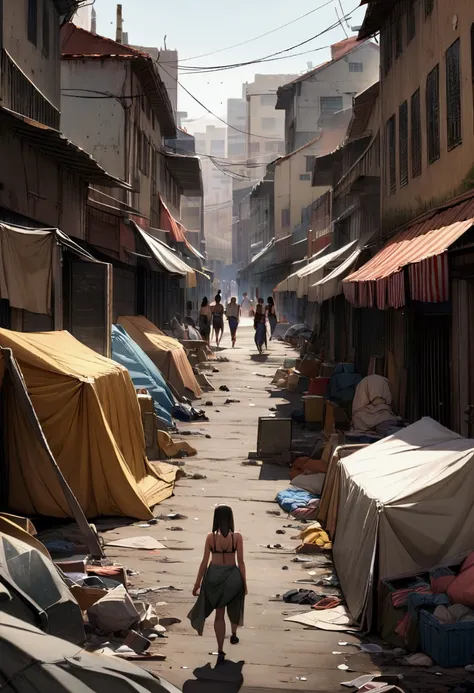 Create an image of a crowded, dirty urban street with makeshift tents and shelters on both sides. The street is filled with women in bikinis, some walking and others standing among scattered garbage and belongings. The atmosphere is gritty, with visible tr...