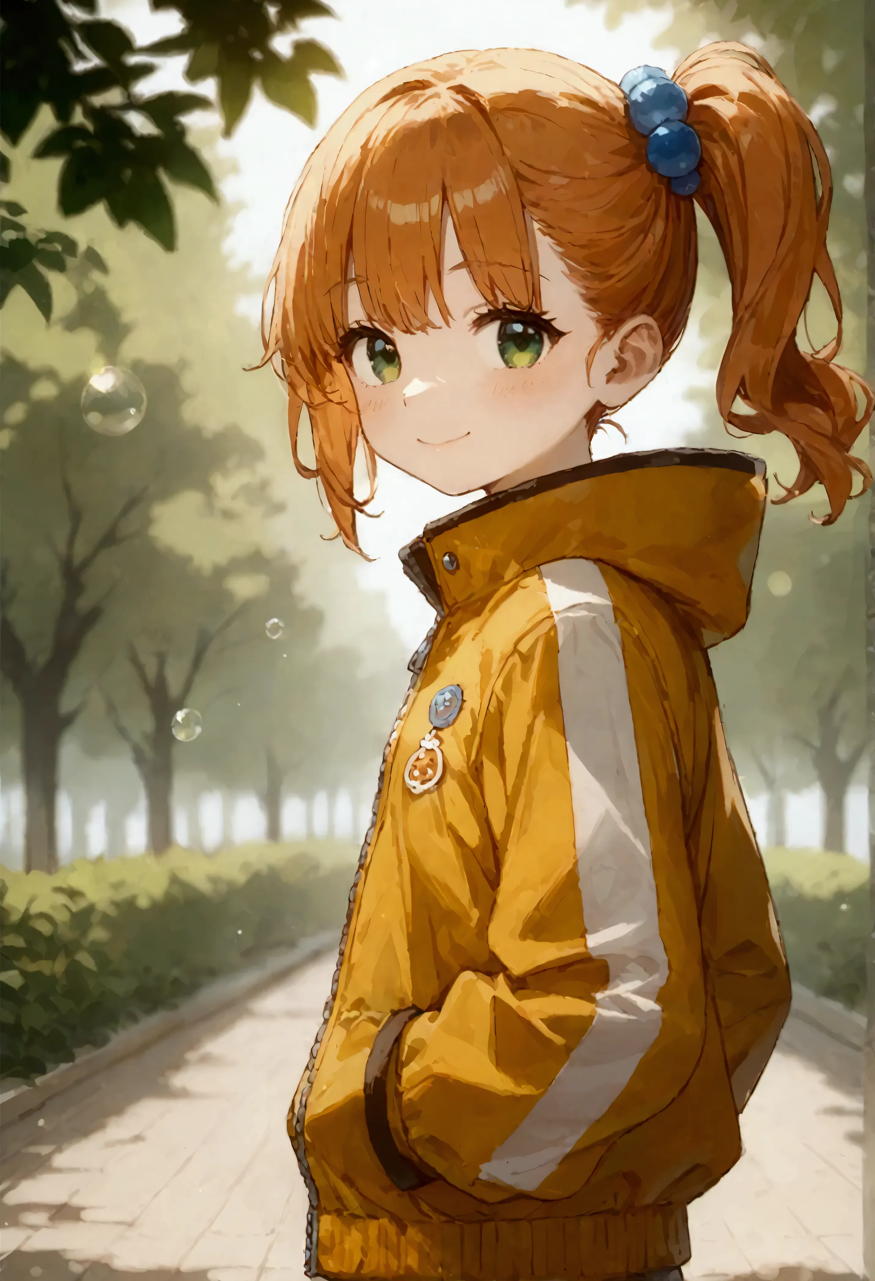 @タカヒロ, 1girl\(cute,orange hair,riders jacket,small breasts,shining green eyes, big eyes,side ponytail,,(big smile),beautiful smi...