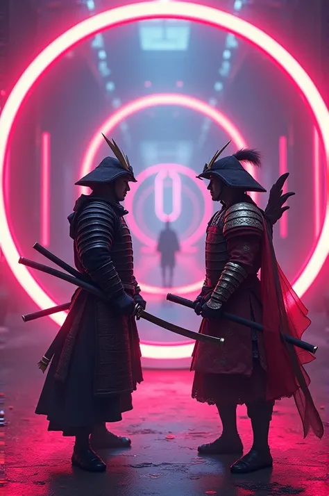 In the neon ring, 1 samurai and 1 warrior were standing ready for battle