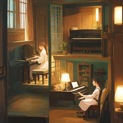 woman playing piano, ghibli, room, night, dim light