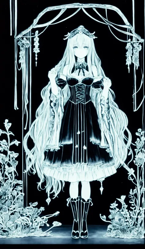 (((gothic))),[Scared, parallel, Torn cloth, dark, fog深い, fog,  One girl is playing a prank , expensive, spooky, Horror, wide spooky smile,  red glowing eyes, Point it out to the audience  ,
  A young woman stands among elaborate decorations 、 captivating s...