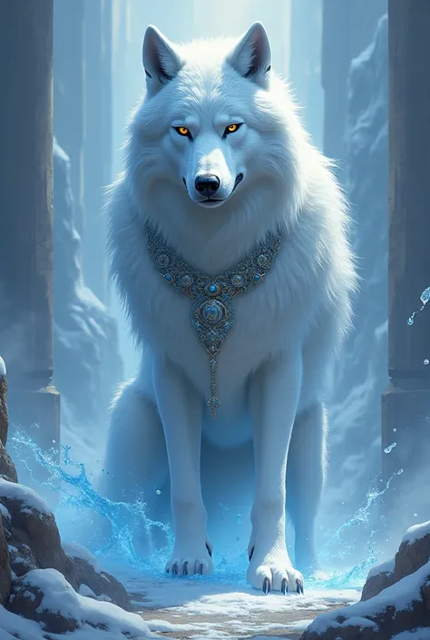 A fantasy wolf, with the power of ice, white fur and yellow eyes which as a god like aura. He wears jewelery, is big, like bigger than a palace, and is surrounded by an aura of power