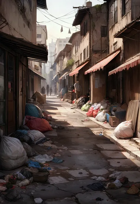 Generate a hyper-realistic image of a crowded, rundown urban street filled with trash, debris, and makeshift tents lining the sidewalks. The street is populated by women wearing bikinis, casually walking or standing among scattered personal belongings and ...