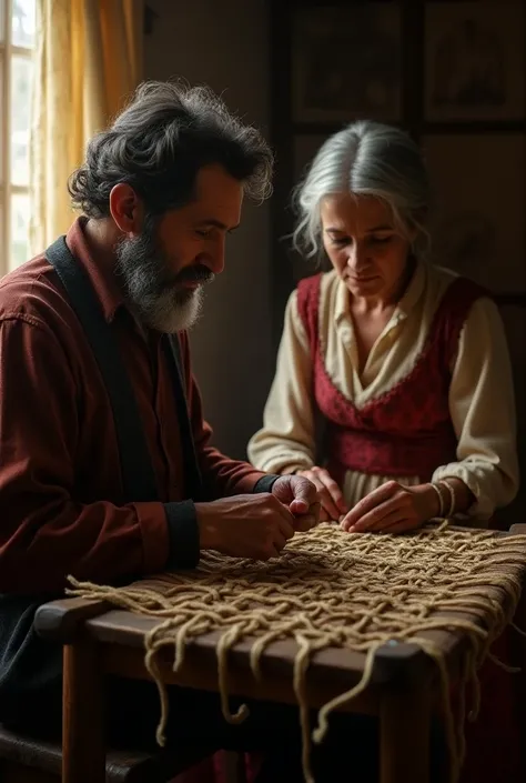 In 1816, inside their house, a brown gypsy and his wife braid chair seats with anea. 