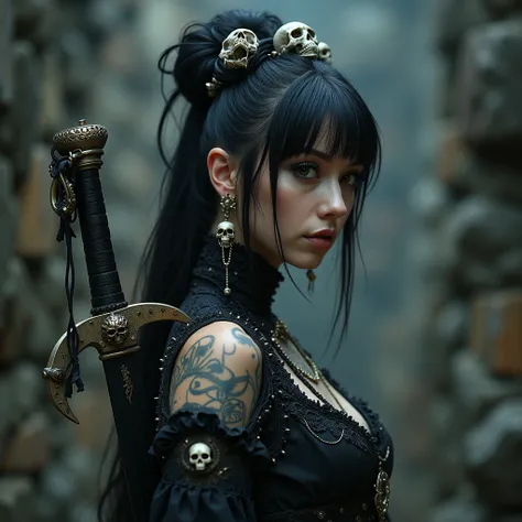 ((((looking at camera)))),(((Full body photo))),sexy gothic style_CHLO,a beautiful girl, beautiful Half-korea-Russian girl face, wearing a gothic dress made of skulls,Reveal full breasts,Big breasts,ancient black stonewall,a battle between dark gods,[black...