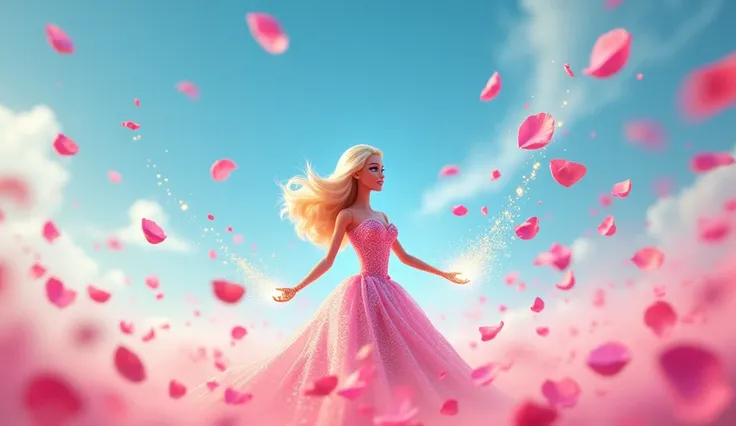 Blue"Barbie standing in the wind, watching as colorful petals and sparkling lights fly away from her hands, symbolizing her dreams taking flight into the open sky."
