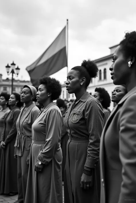  A group of Afro-Colombian women in the 1950s created a society without men and a high-tech system to be able to govern the world,  they are in Plaza de Bolívar at noon giving a speech to their new society ,  is in black and white , a quick shot  ,  in the...