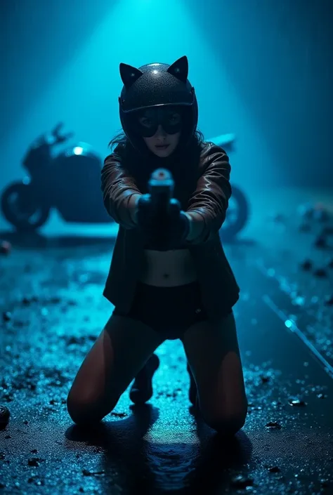 full body, VIEW FROM ABOVE, A FEMALE FIGURE IN A DISCREET SPANDEX UNIFORM, SHE WEARS A SHORT BROWN LEATHER JACKET, SHE WEARS A MOTORCYCLE HELMET WITH A SPOTLIGHT IN THE SHAP OF CAT EARS, (EXTREMELY POWERFUL SPOTLIGHTS TURNED ON:2.0), POWERFUL BLUE SPOTLIGH...