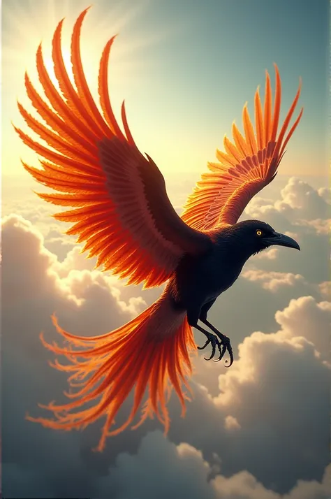 create an image of a crow flying in the sky with the appearance of a Phoenix bird from a 60-degree angle