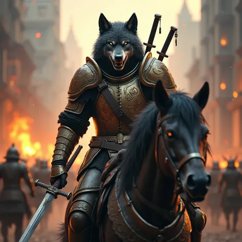 A general with the head of a wolf ,  riding his horse with medieval armor ,  a sabre as his main sword and two katanas on his back,  in the background of a burning and destroyed city .