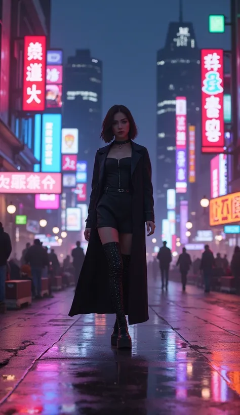 a goth asian girl walking through neon streets at night, neon lights, night time, 