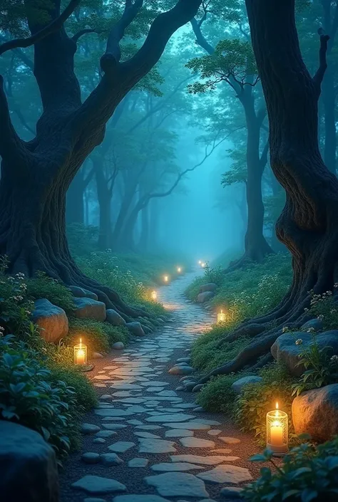 Enchanted forest path, mystical, glowing lights (fairy lights, candles),  blue-toned lighting,  dense foliage,  ancient trees,  winding path,  rocks and roots, wildflowers,  (detailed textures), calm atmosphere, photorealistic,  digital painting,  center-f...