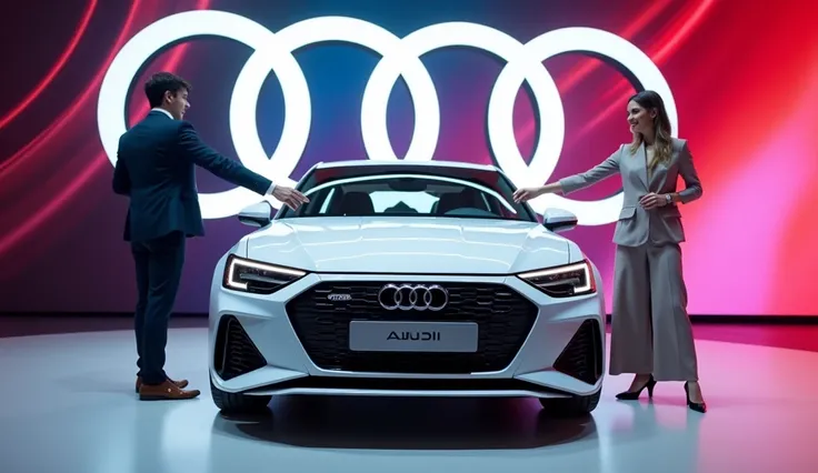 A sleek, ( 2025 Audi A4 ) (  white)complete image with wheels  car is being unveiled at a grand event. Frontal plates reads ( Audi )A young man in a suit is pulling a red and white cloth off the car while a  British  young woman  with smiling face in a Red...