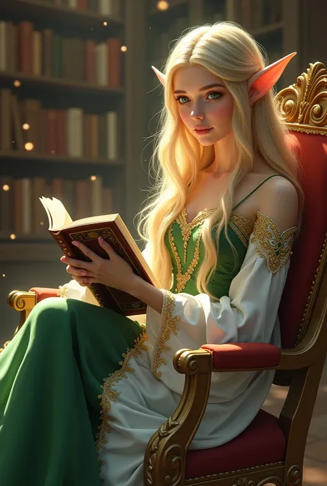 (((Masterpiece, Top Quality, High Definition, High Detail)))), one, ((fantasy)))), (elf woman)))), (elegant white skirt with gold embroidery), (long straight blonde hair), (bright dark green eyes), (green dress with gold embroidery), large, (((National Lib...