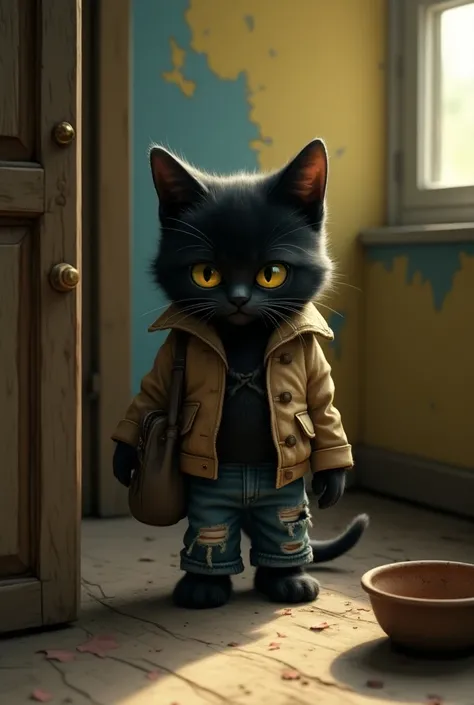 A sad, teary-eyed black kitten wearing a worn-out jacket and ripped jeans, carrying a small bag over his shoulder. The scene is set in an old, dilapidated room with peeling yellow and blue wallpaper. The kitten is standing near a rough wooden door, with a ...