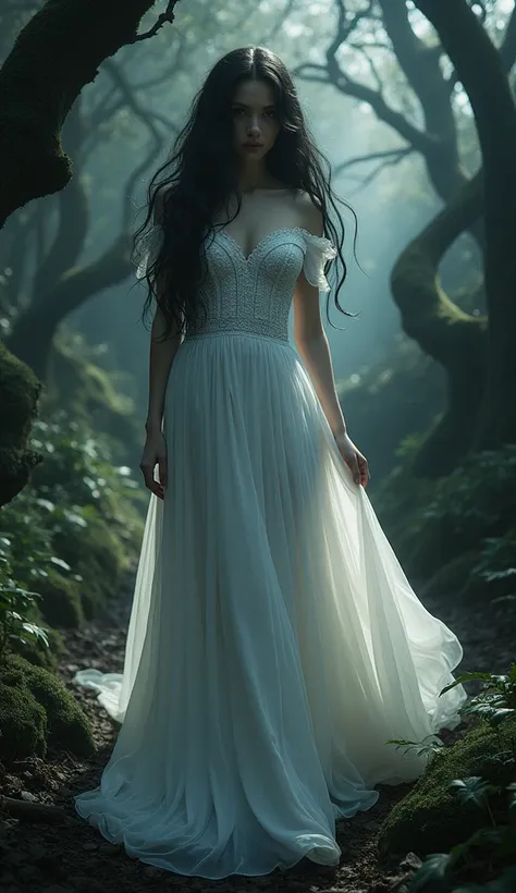 ( photorealism:1.2), Beautiful woman,   Long Black Hair,  white dress,  Long Dress,  victorian dress , Dark fantasy, shadow, wood