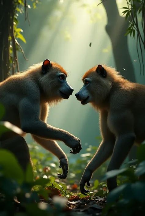 A hyper-realistic monkey and wolf face to face in jungle 