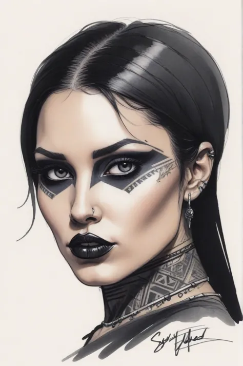 alcohol ink marker portrait sketch of , (Attractive Latina tribal Heavy Metal singer model female with tattoos), 1 Girl cosplaying Raven, heavy makeup , cape, choker, very pale skin, Ultra Detailed Face, Detailed Lips, Fine Eyes, black lipstick, Fine Eyes,...