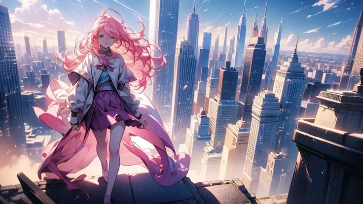 masterpiece, Best Quality , high resolution ,Perfect light and shadow,8k wallpaper,illustration, ray tracing, A Beautiful Lady , pink hair ,Long hair,Sky blue eyes,sexy magical girl,Short skirt,Very windy,City,Rooftop,Full body photo