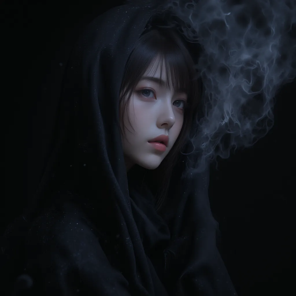 hyper-detailed digital painting featuring an east-asian woman in a black, witch-like robe, giving her an ethereal and mysterious...