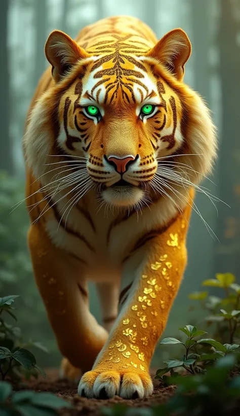 Golden Tiger: A majestic tiger with fur patterns replaced by gleaming gold filigree. The eyes shine in emerald green for contrast, and the background could feature a misty jungle at dawn.