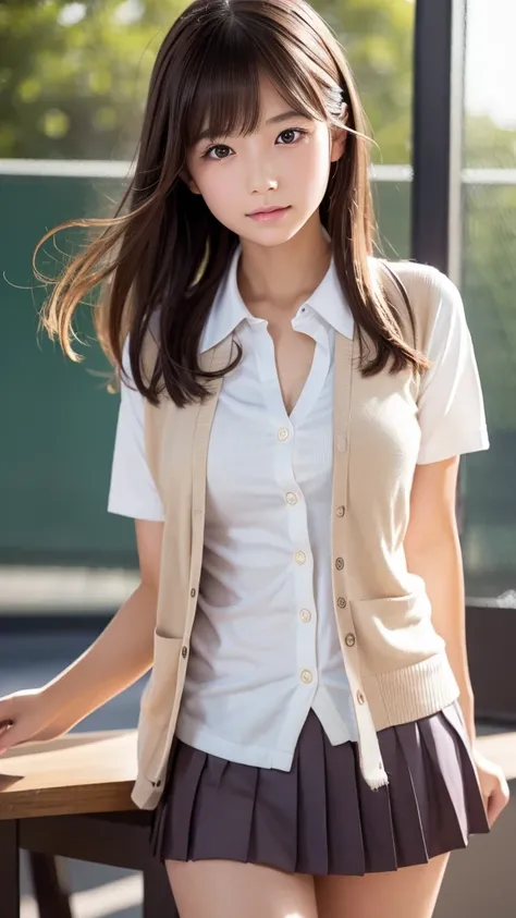 a beautiful young japanese schoolgirl in a tennis club, wearing a white short pleated mini skirt, shirt, tie, cardigan, blazer, with detailed facial features, long glossy brown hair with asymmetrical bangs, natural makeup, central composition, 8k resolutio...