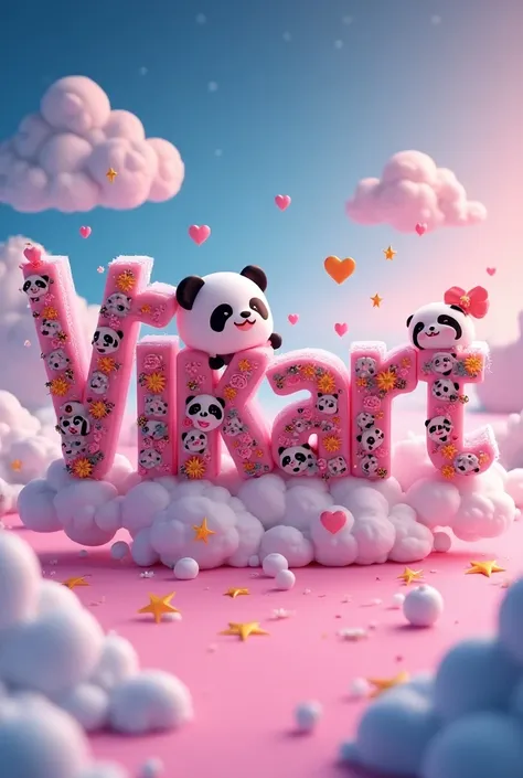 A stunning, animated 3D rendering of the name "vikart"written in an adorable anime-inspired style. Each letter is playfully decorated with multi-colored elements such as PANDA, hearts, fluffy clouds and twinkling stars, AND LITLE PANDA creating a vibrant a...