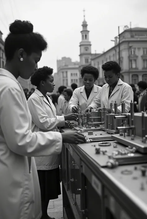  A group of Afro-Colombian women scientists in the 1950s created a high-tech system to cure all diseases,  are in Plaza de Bolívar at noon installing a machine that makes an impression on people  ,  is in black and white , A quick shot angle lens from a di...