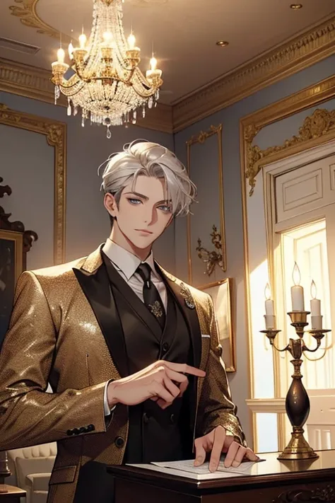 (Best Quality, 4K,  Hi-Res, masterpiece: 1.2),  professional man in a neat suit and tie,  Silver Hair、Blue Eyes、（fireplace:1.5)Interior of a beautiful and stately mansion , Fantastic room. . wine glass placed on a side table .
upper body
A luxurious chande...