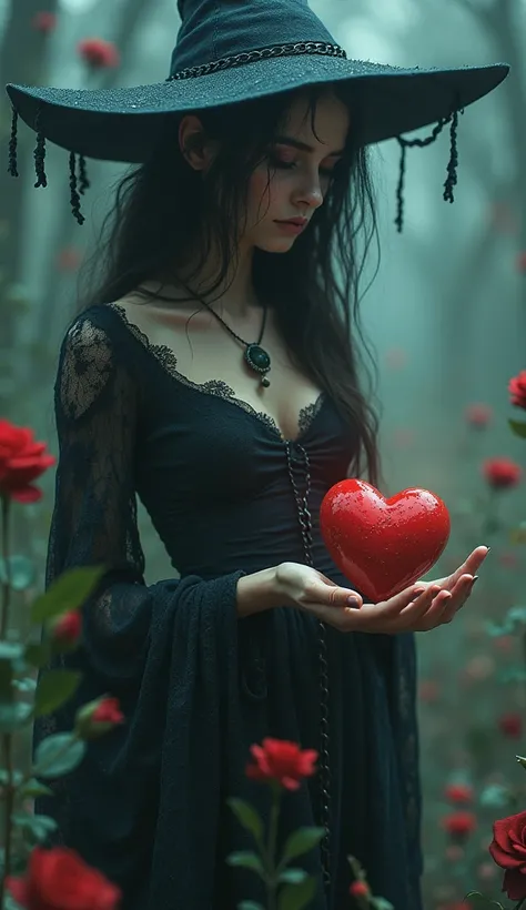 Love Witch: "A bewitching, sorrowful witch embodying love addiction, with hollow, pleading eyes, her heart chained to her wrist. Her dress flows like tear-stained lace, and ghostly figures of lost lovers follow her every step. Her hands reach out longingly...