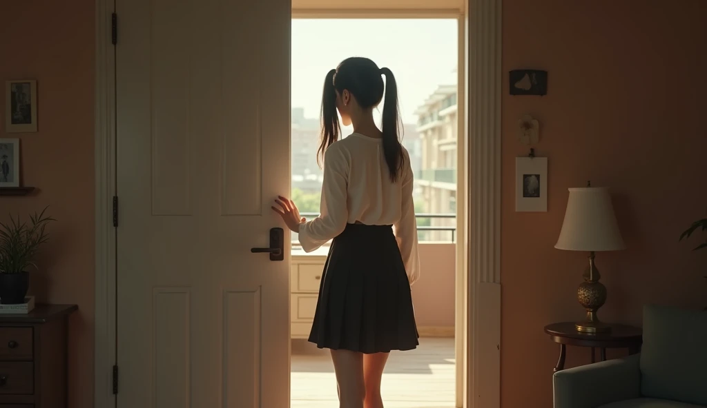 Take a picture of the back of a girl in the living room，Hyperrealism，8K，Very realistic picture ， a young girl named Ruby， This girl looks like a movie star Satomi Ishihara，Big breasts，Wearing double ponytails， in a white shirt ， black pleated skirt ， She i...