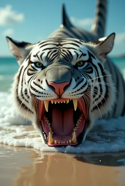 A hyper-realistic  creature shark or tiger face to face in beach 