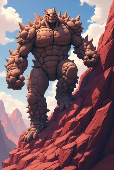 Create a hyper-realistic mix between Alolas Grolem Pokémon and the tall and powerful Rinhastoc Pokémon that walks up a red stone mountain