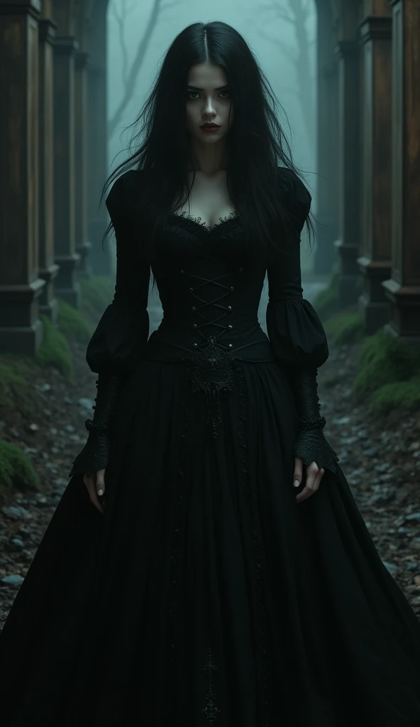 (   photorealism:1.2), Beautiful woman,  black eyeshadow 、 sad expression 、Long black hair,    black dress,    Long Dress,    victorian dress   ,  Dark Fantasy , shadow, wood