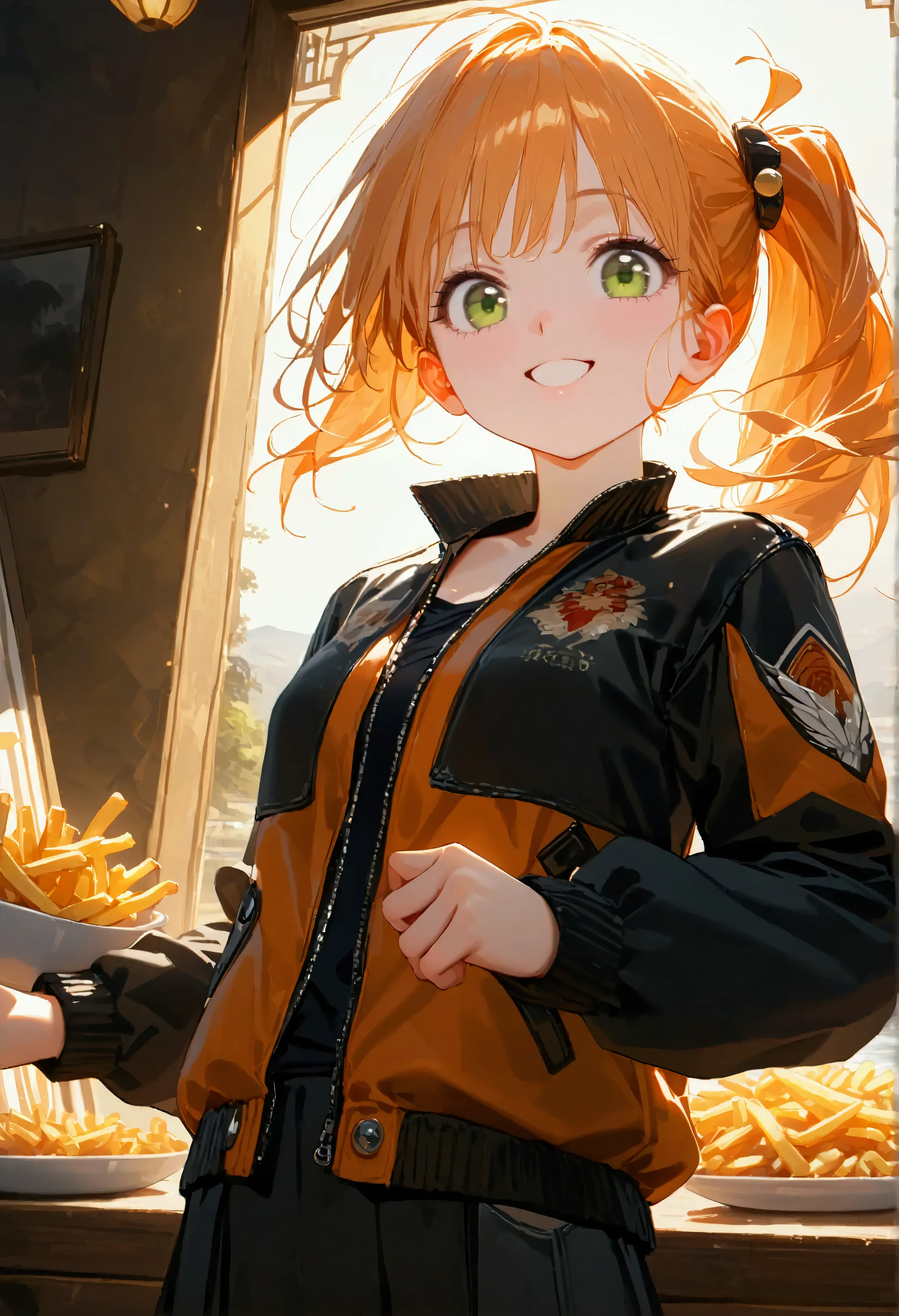 @タカヒロ, 1girl\(cute,orange hair,riders jacket,small breasts,shining green eyes, big eyes,side ponytail,,(big smile),beautiful smi...