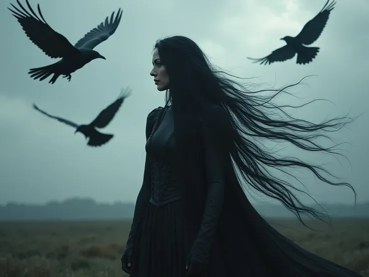 ( best quality ,4K,8 k, High definition,masterpiece:1.2), ultra-detailed ,  Irish goddess Morrigan , 3v4gr33n ,  raven-black hair ,  cold dark eyes ,  standing on a Celtic battlefield , sky,  full of crows , s on the ground,  is depicted in the style of Yo...