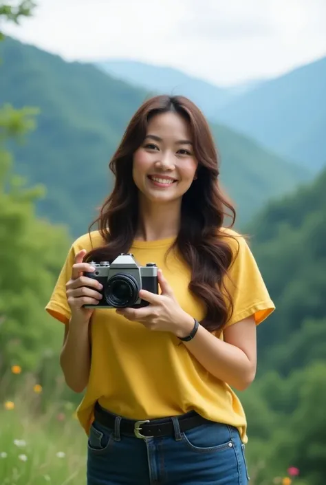 a beautiful Japanese woman 40 year old,long and wavy hair,plump body,big breasts,very white skin,wearing a yellow t shirt,skinny jeans and black belt,hands holding and aiming digital camera,green mountain and forests